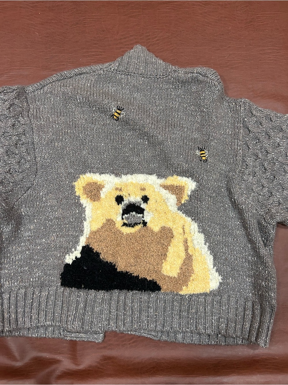 Pilcro Heather Gray  Honey Bear and Bees Open-Front Cable Sleeve Cardigan. Rare!